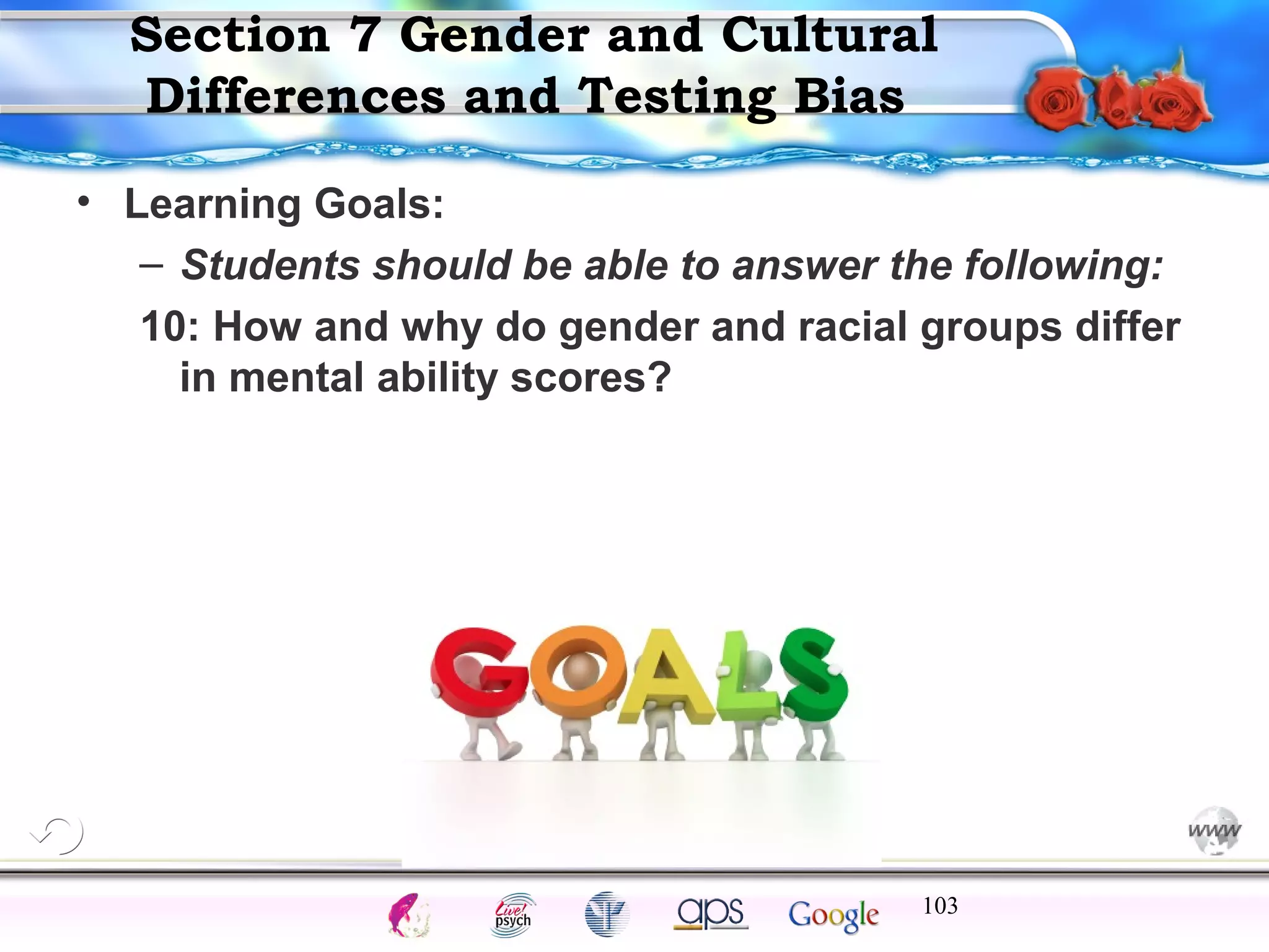Section 7 Gender and Cultural
Differences and Testing Bias
• Learning Goals:
– Students should be able to answer the following:
10: How and why do gender and racial groups differ
in mental ability scores?

Cognition

Concepts

Problems

A.I.

Creativity

Intelligence
103

I.Q.

Wechsler

Bias

Delay

Terman

Heredity

Gardner
Animal

 