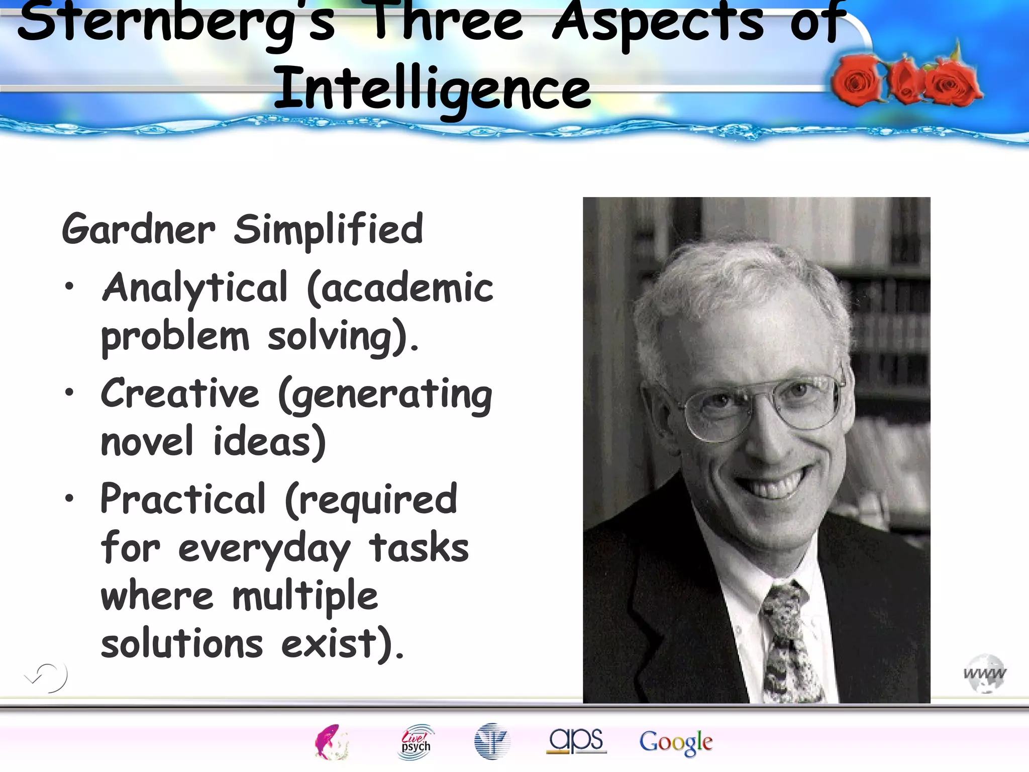 Sternberg’s Three Aspects of
Intelligence
Gardner Simplified
• Analytical (academic
problem solving).
• Creative (generating
novel ideas)
• Practical (required
for everyday tasks
where multiple
solutions exist).
Cognition

Concepts

Problems

A.I.

Creativity

Intelligence

I.Q.

Wechsler

Bias

Delay

Terman

Heredity

Gardner
Animal

 