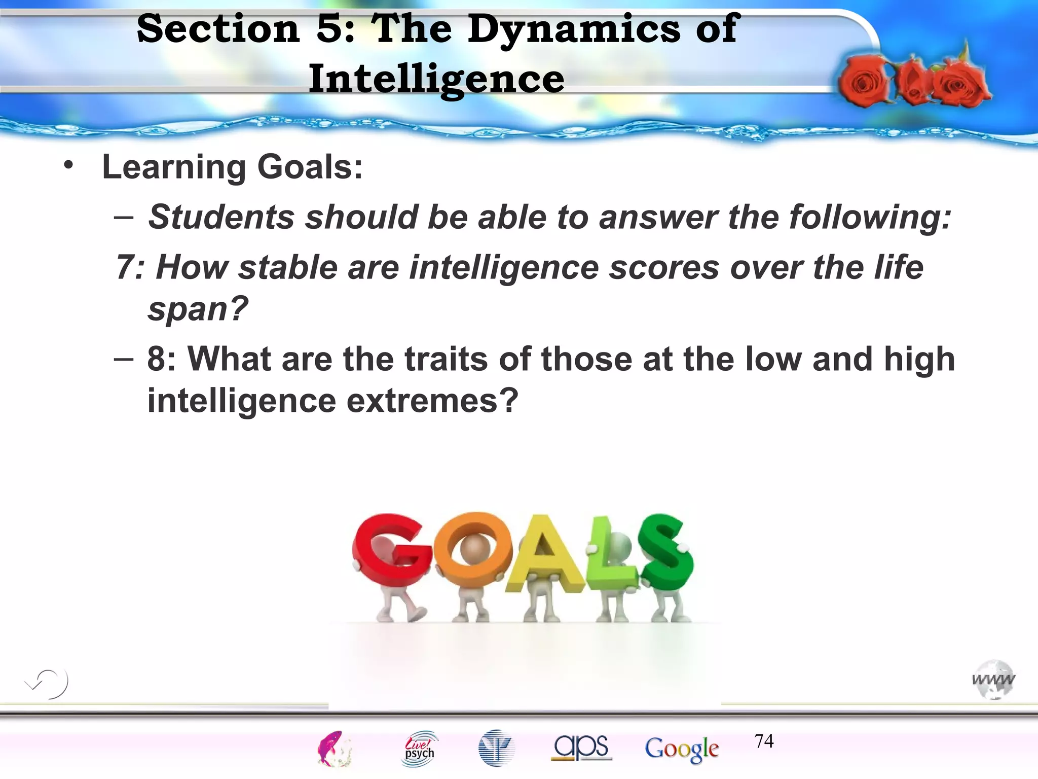Section 5: The Dynamics of
Intelligence
• Learning Goals:
– Students should be able to answer the following:
7: How stable are intelligence scores over the life
span?
– 8: What are the traits of those at the low and high
intelligence extremes?

Cognition

Concepts

Problems

A.I.

Creativity

Intelligence
74

I.Q.

Wechsler

Bias

Delay

Terman

Heredity

Gardner
Animal

 