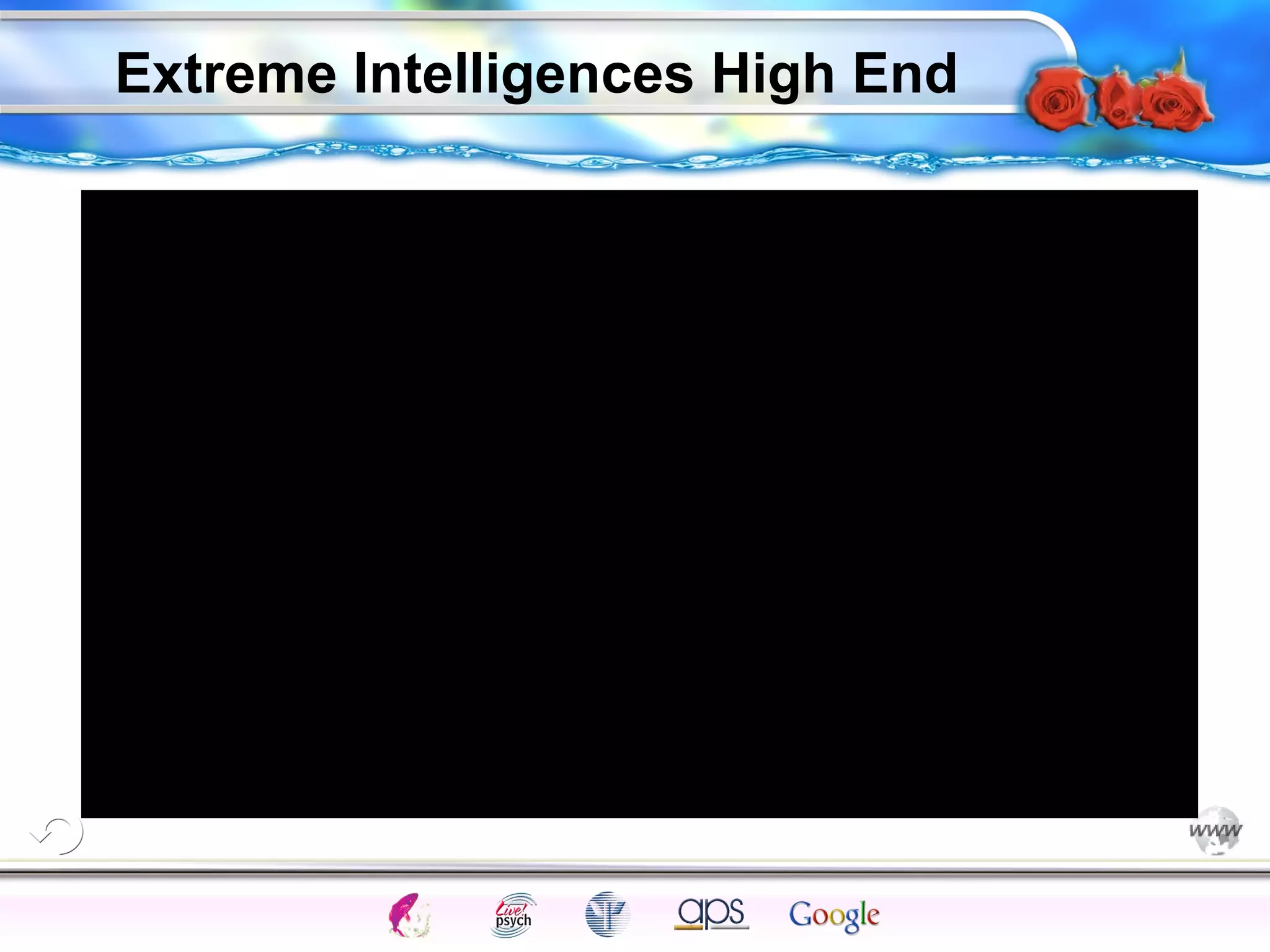 Extreme Intelligences High End

Cognition

Concepts

Problems

A.I.

Creativity

Intelligence

I.Q.

Wechsler

Bias

Delay

Terman

Heredity

Gardner
Animal

 