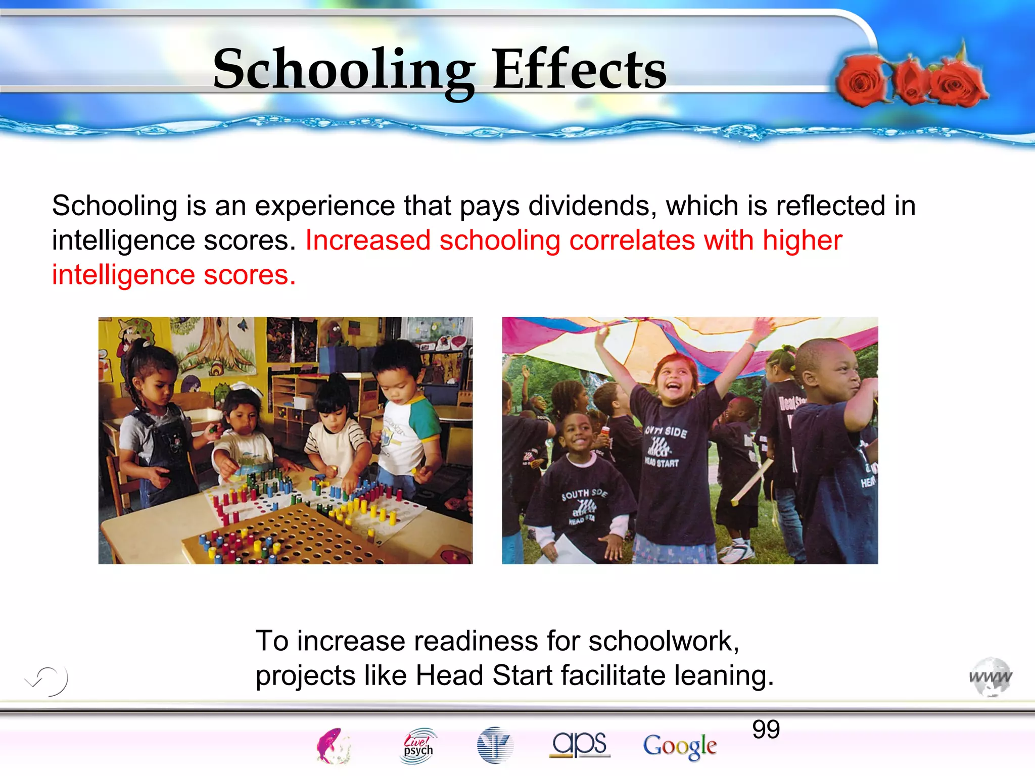 Schooling Effects
Schooling is an experience that pays dividends, which is reflected in
intelligence scores. Increased schooling correlates with higher
intelligence scores.

To increase readiness for schoolwork,
projects like Head Start facilitate leaning.
99

Cognition

Concepts

Problems

A.I.

Creativity

Intelligence

I.Q.

Wechsler

Bias

Delay

Terman

Heredity

Gardner
Animal

 