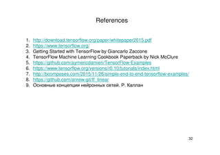 32
References
1. http://download.tensorflow.org/paper/whitepaper2015.pdf
2. https://www.tensorflow.org/
3. Getting Started with TensorFlow by Giancarlo Zaccone
4. TensorFlow Machine Learning Cookbook Paperback by Nick McClure
5. https://github.com/aymericdamien/TensorFlow-Examples
6. https://www.tensorflow.org/versions/r0.10/tutorials/index.html
7. http://bcomposes.com/2015/11/26/simple-end-to-end-tensorflow-examples/
8. https://github.com/anrew-git/tf_linear
9. Основные концепции нейронных сетей. Р. Каллан
 