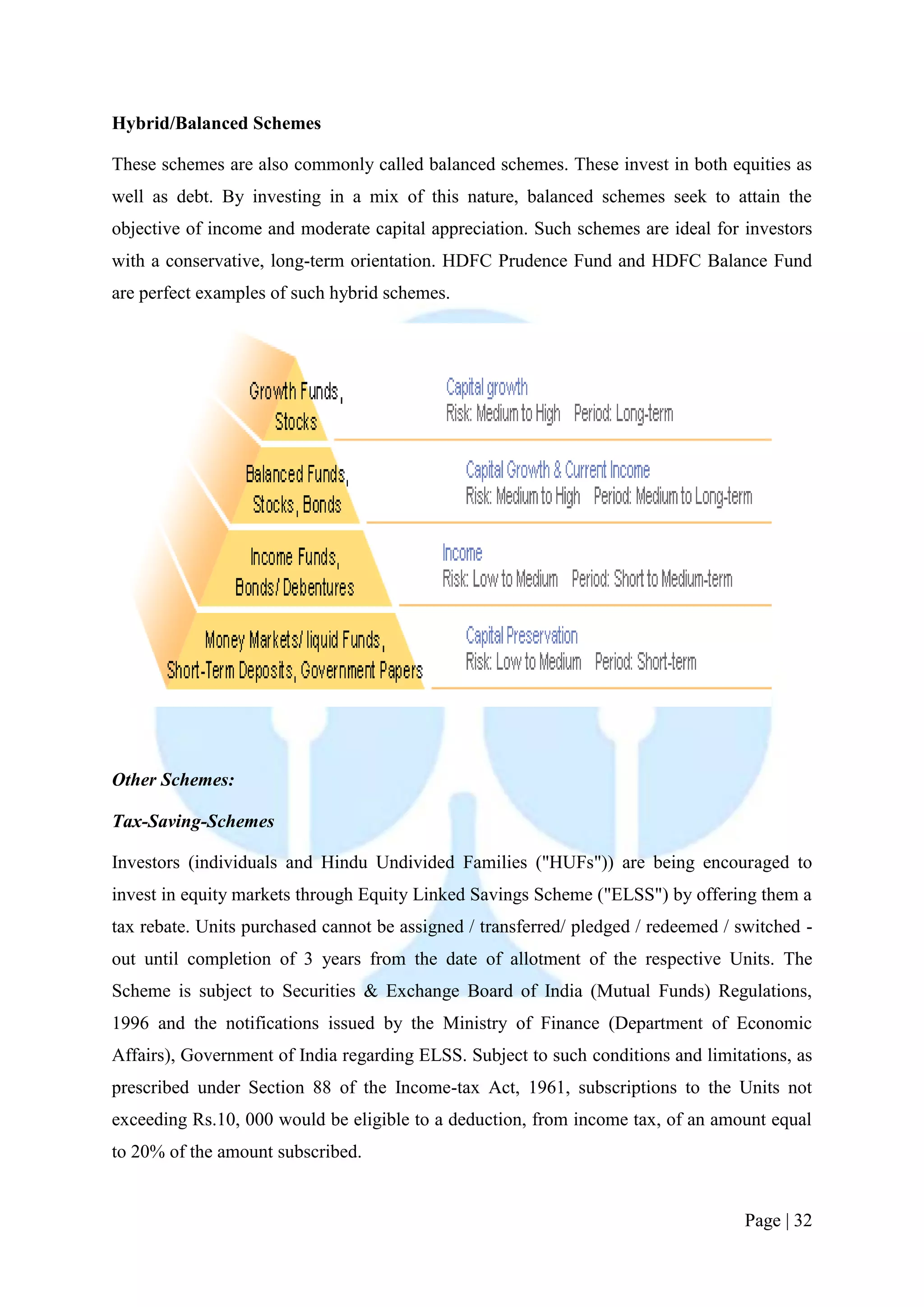 Page | 32 
Hybrid/Balanced Schemes 
These schemes are also commonly called balanced schemes. These invest in both equities as well as debt. By investing in a mix of this nature, balanced schemes seek to attain the objective of income and moderate capital appreciation. Such schemes are ideal for investors with a conservative, long-term orientation. HDFC Prudence Fund and HDFC Balance Fund are perfect examples of such hybrid schemes. 
Other Schemes: 
Tax-Saving-Schemes 
Investors (individuals and Hindu Undivided Families ("HUFs")) are being encouraged to invest in equity markets through Equity Linked Savings Scheme ("ELSS") by offering them a tax rebate. Units purchased cannot be assigned / transferred/ pledged / redeemed / switched - out until completion of 3 years from the date of allotment of the respective Units. The Scheme is subject to Securities & Exchange Board of India (Mutual Funds) Regulations, 1996 and the notifications issued by the Ministry of Finance (Department of Economic Affairs), Government of India regarding ELSS. Subject to such conditions and limitations, as prescribed under Section 88 of the Income-tax Act, 1961, subscriptions to the Units not exceeding Rs.10, 000 would be eligible to a deduction, from income tax, of an amount equal to 20% of the amount subscribed.  