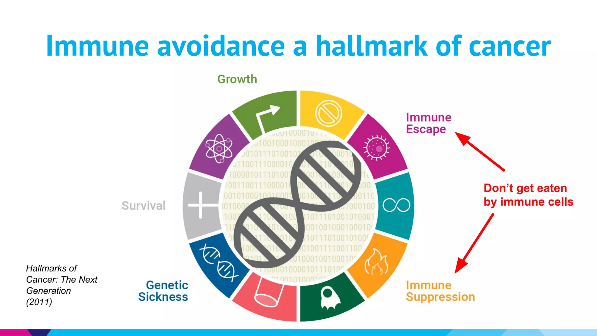 Immune avoidance a hallmark of cancer
Hallmarks of
Cancer: The Next
Generation
(2011)
Don’t get eaten
by immune cells
 