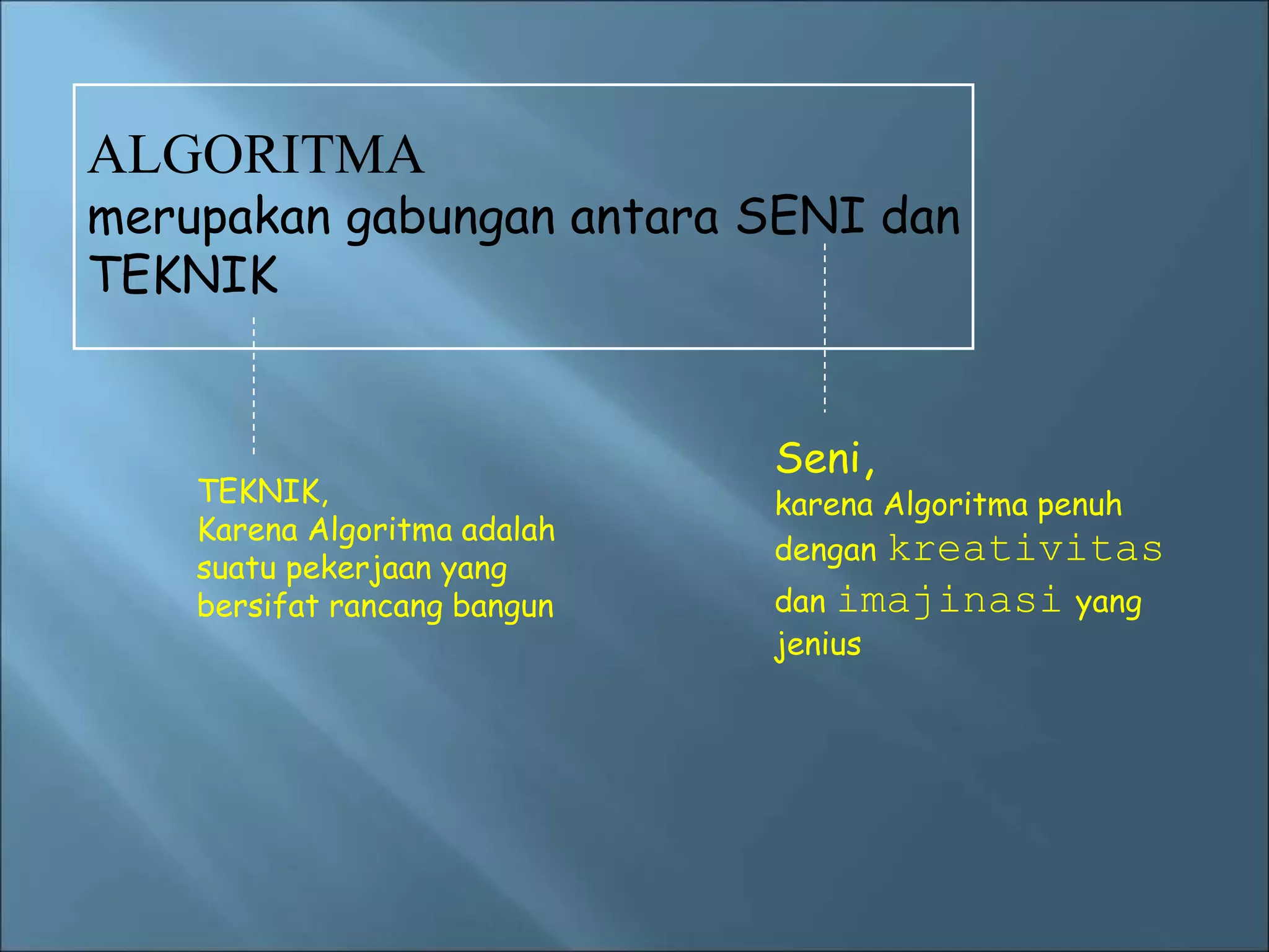 ALGORITMA 
merupakan gabungan antara SENI dan 
TEKNIK 
TEKNIK, 
Karena Algoritma adalah 
suatu pekerjaan yang 
bersifat rancang bangun 
Seni, 
karena Algoritma penuh 
dengan kreativitas 
dan imajinasi yang 
jenius 
 
