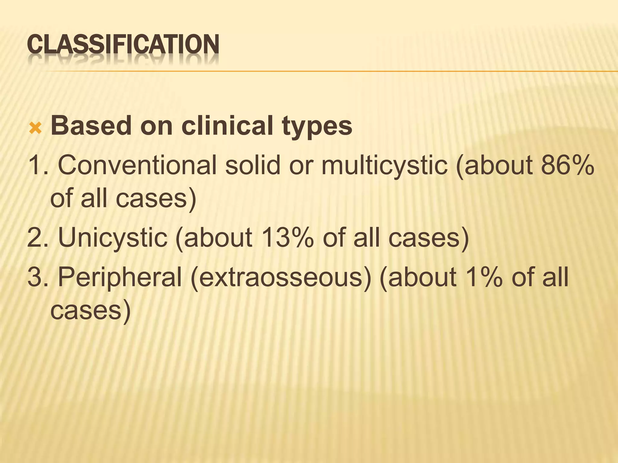 CLASSIFICATION
 Based on clinical types
1. Conventional solid or multicystic (about 86%
of all cases)
2. Unicystic (about 13% of all cases)
3. Peripheral (extraosseous) (about 1% of all
cases)
 