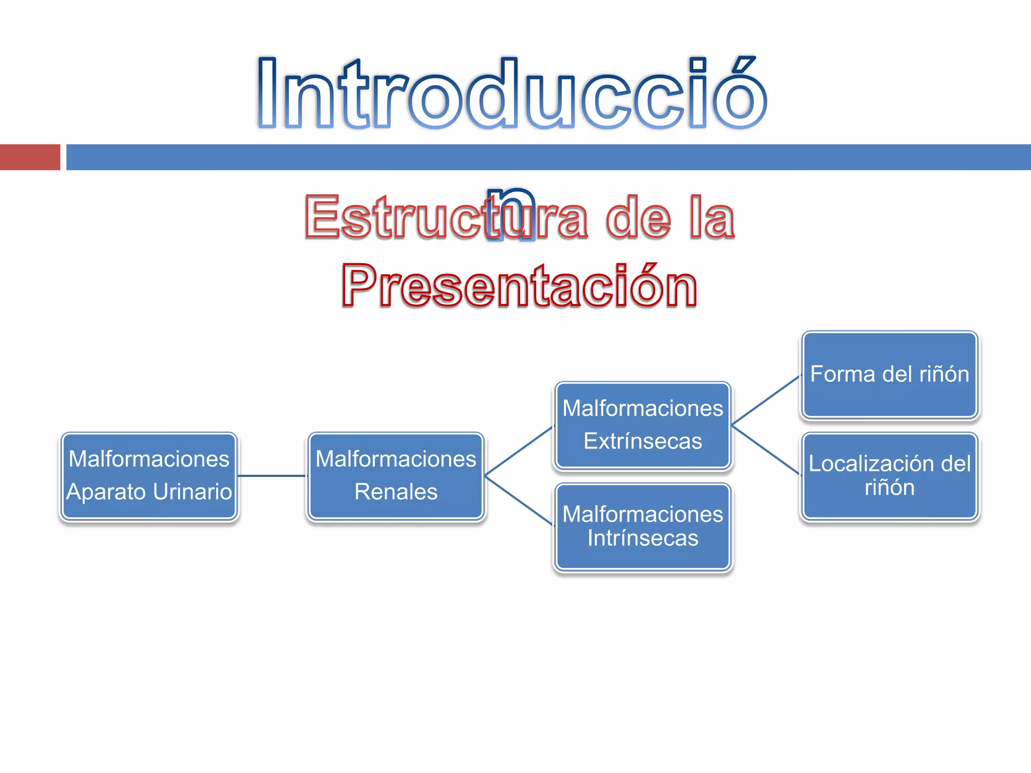 Forma del riñón
                                    Malformaciones
                                     Extrínsecas
Malformaciones     Malformaciones                    Localización del
Aparato Urinario      Renales                             riñón
                                    Malformaciones
                                     Intrínsecas
 