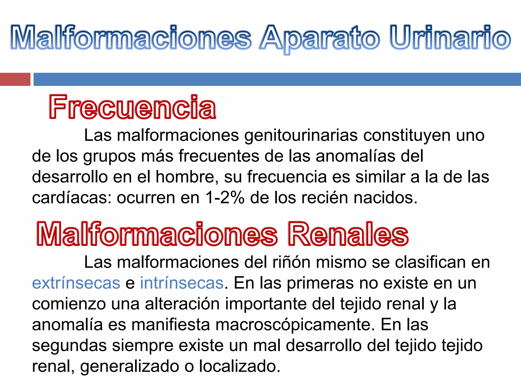 Las malformaciones genitourinarias constituyen uno
de los grupos más frecuentes de las anomalías del
desarrollo en el hombre, su frecuencia es similar a la de las
cardíacas: ocurren en 1-2% de los recién nacidos.


       Las malformaciones del riñón mismo se clasifican en
extrínsecas e intrínsecas. En las primeras no existe en un
comienzo una alteración importante del tejido renal y la
anomalía es manifiesta macroscópicamente. En las
segundas siempre existe un mal desarrollo del tejido tejido
renal, generalizado o localizado.
 