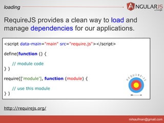loading

RequireJS provides a clean way to load and
manage dependencies for our applications.
<script data-main="main" src="require.js"></script>
define(function () {
// module code
})
require([‘module’], function (module) {
// use this module
})

http://requirejs.org/
nirkaufman@gmail.com

 