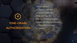 FINE-GRAIN
AUTHORIZATION
22
Who is calling ?
✓ Is it your own app ?
✓ Is it a trusted user ?
What can they do ?
Example: T-Mobile number
Scopes are often not enough !
✓ Need ABAC solution
✓ SAML !
4
 