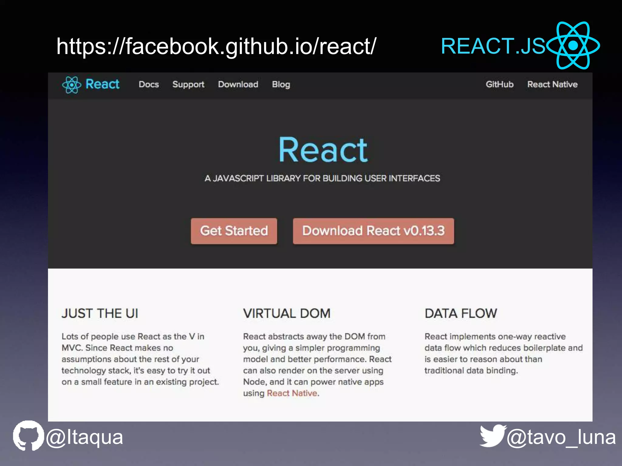 REACT.JS
@tavo_luna@Itaqua
https://facebook.github.io/react/
 
