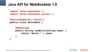 Copyright © 2012, Oracle and/or its affiliates. All rights reserved. Insert Information Protection Policy Classification from Slide 1318
Java API for WebSockets 1.0
import javax.websocket.*;
import javax.websocket.server.*;
@ServerEndpoint(“/hello”)
public class HelloBean {
    @OnMessage
    public String sayHello(String name) {
        return “Hello “ + name;
    }
}
 