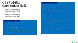クライアント側の
CartProduct 取得
• Client → Services →
ICartService.cs 実装
• Client → Services →
CartService.cs 実装
Client → Services → ICartService.cs
---
namespace BlazorEcommerceApp.Client.Services.CartService
{
public interface ICartService
{
event Action OnChange;
Task AddToCart(CartItem cartItem);
//ここを追加
Task<List<CartProductResponse>> GetCartProducts();
Task RemoveProductFromCart(int productId, int productTypeId);
}
}
---
Client → Services → CartService.cs
---
// このメソッドで取得する
public async Task<List<CartProductResponse>> GetCartProducts()
{
if (await _authService.IsUserAuthenticated())
{
var response = await
_http.GetFromJsonAsync
<ServiceResponse<List<CartProductResponse>>>
("api/cart");
return response.Data;
}
else
{
var cartItems = await
_localStorage.GetItemAsync<List<CartItem>>("cart");
if (cartItems == null)
return new List<CartProductResponse>();
var response = await
_http.PostAsJsonAsync
("api/cart/products", cartItems);
var cartProducts =
await
response.Content.ReadFromJsonAsync
<ServiceResponse<List<CartProductResponse>>>();
return cartProducts.Data;
}
}
---
 