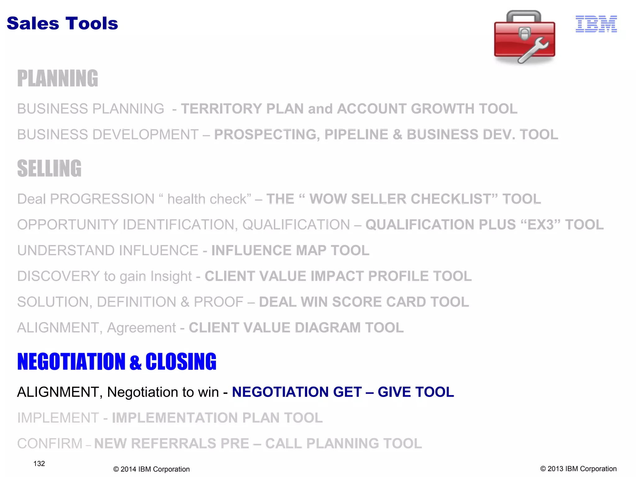 © 2013 IBM Corporation
Sales Tools
PLANNING
BUSINESS PLANNING - TERRITORY PLAN and ACCOUNT GROWTH TOOL
BUSINESS DEVELOPMENT – PROSPECTING, PIPELINE & BUSINESS DEV. TOOL
SELLING
Deal PROGRESSION “ health check” – THE “ WOW SELLER CHECKLIST” TOOL
OPPORTUNITY IDENTIFICATION, QUALIFICATION – QUALIFICATION PLUS “EX3” TOOL
UNDERSTAND INFLUENCE - INFLUENCE MAP TOOL
DISCOVERY to gain Insight - CLIENT VALUE IMPACT PROFILE TOOL
SOLUTION, DEFINITION & PROOF – DEAL WIN SCORE CARD TOOL
ALIGNMENT, Agreement - CLIENT VALUE DIAGRAM TOOL
NEGOTIATION & CLOSING
ALIGNMENT, Negotiation to win - NEGOTIATION GET – GIVE TOOL
IMPLEMENT - IMPLEMENTATION PLAN TOOL
CONFIRM – NEW REFERRALS PRE – CALL PLANNING TOOL
132
© 2014 IBM Corporation
 