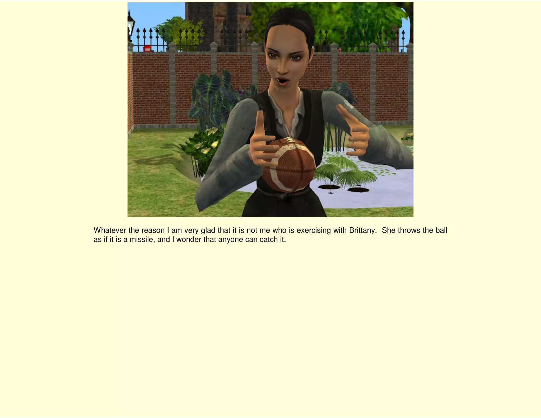 Whatever the reason I am very glad that it is not me who is exercising with Brittany. She throws the ball
as if it is a missile, and I wonder that anyone can catch it.
 