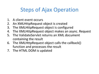 Steps of Ajax Operation A client event occurs An XMLHttpRequest object is created The XMLHttpRequest object is configured The XMLHttpRequest object makes an async. Request The ValidateServlet returns an XML document containing the result The XMLHttpRequest object calls the callback() function and processes the result The HTML DOM is updated 