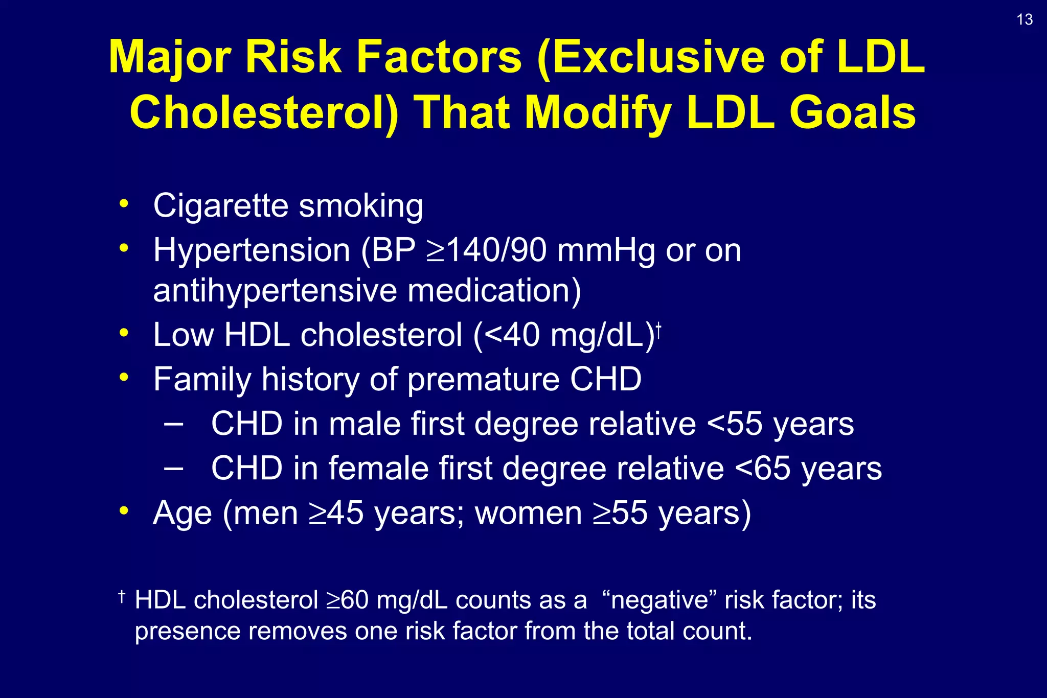 13
Major Risk Factors (Exclusive of LDL
Cholesterol) That Modify LDL Goals
• Cigarette smoking
• Hypertension (BP ≥140/90 mmHg or on
antihypertensive medication)
• Low HDL cholesterol (<40 mg/dL)†
• Family history of premature CHD
– CHD in male first degree relative <55 years
– CHD in female first degree relative <65 years
• Age (men ≥45 years; women ≥55 years)
†
HDL cholesterol ≥60 mg/dL counts as a “negative” risk factor; its
presence removes one risk factor from the total count.
 