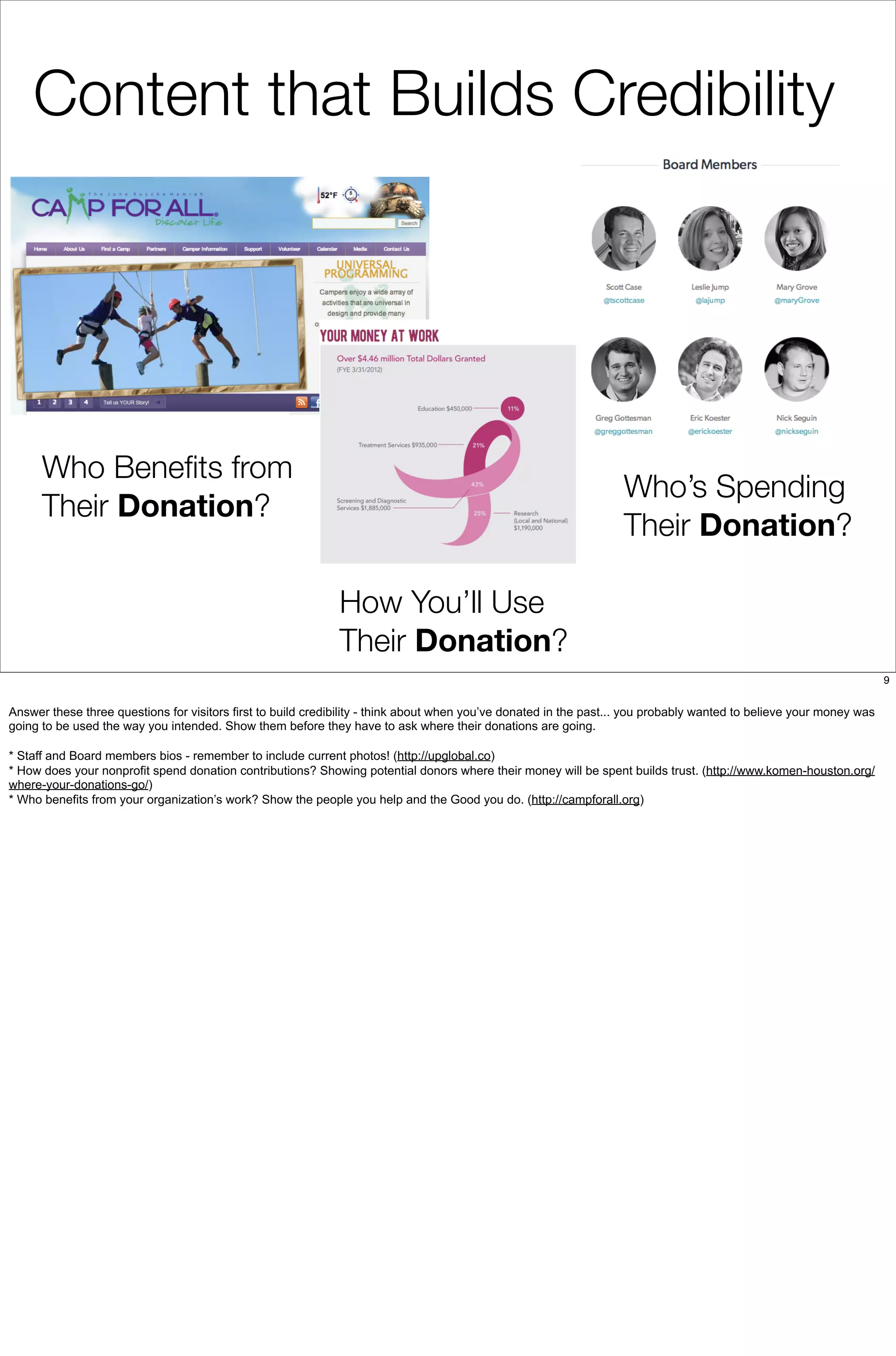 Who Beneﬁts from
Their Donation?
Content that Builds Credibility
How You’ll Use
Their Donation?
Who’s Spending
Their Donation?
9
Answer these three questions for visitors first to build credibility - think about when you’ve donated in the past... you probably wanted to believe your money was
going to be used the way you intended. Show them before they have to ask where their donations are going.
* Staff and Board members bios - remember to include current photos! (http://upglobal.co)
* How does your nonprofit spend donation contributions? Showing potential donors where their money will be spent builds trust. (http://www.komen-houston.org/
where-your-donations-go/)
* Who benefits from your organization’s work? Show the people you help and the Good you do. (http://campforall.org)
 