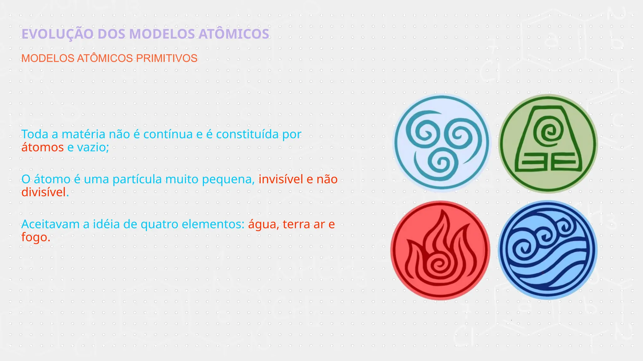 EVOLUÇÃO DOS MODELOS ATÔMICOS
MODELOS ATÔMICOS PRIMITIVOS
Toda a matéria não é contínua e é constituída por
átomos e vazio;
O átomo é uma partícula muito pequena, invisível e não
divisível.
Aceitavam a idéia de quatro elementos: água, terra ar e
fogo.
 