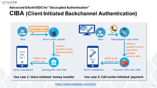 Advanced OAuth/OIDC for “Decoupled Authentication”
CIBA (Client Initiated Backchannel Authentication)
https://www.authlete.com/ciba 13
Send $50 to Bob
Alice
Alice’s smartphone
Notify to the
bank’s app
Alice’s smart speaker
Initiate a
payment via pre-
registered bank’s
APIs
Banking APIs with CIBA
Use case 1: Voice-initiated money transfer
Send
Bob
$50 ?
Alice
Alice’s smartphone
Notify to the
payment app
Teleshopping’s call center
Initiate a
payment via pre-
registered
payment
service’s APIs
Payment’s APIs with CIBA
Use case 2: Call-center-initiated payment
Buy ?
$50
$50
 
