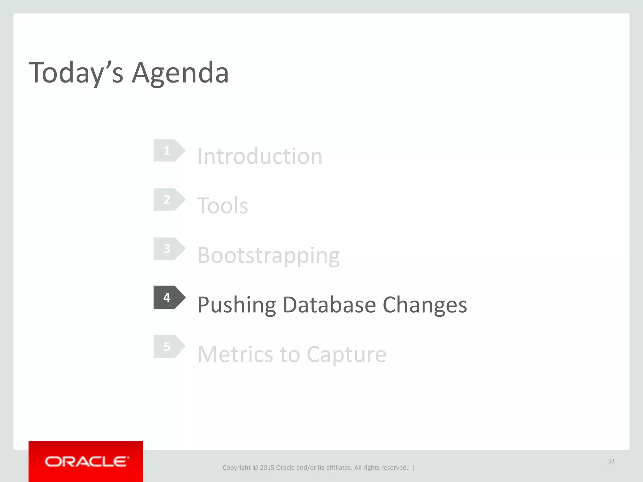 Copyright	
  ©	
  2015	
  Oracle	
  and/or	
  its	
  affiliates.	
  All	
  rights	
  reserved.	
  	
  |
32
Today’s	
  Agenda
Introduction	
  
Tools	
  
Bootstrapping	
  
Pushing	
  Database	
  Changes	
  
Metrics	
  to	
  Capture
2
3
4
1
5
4
 