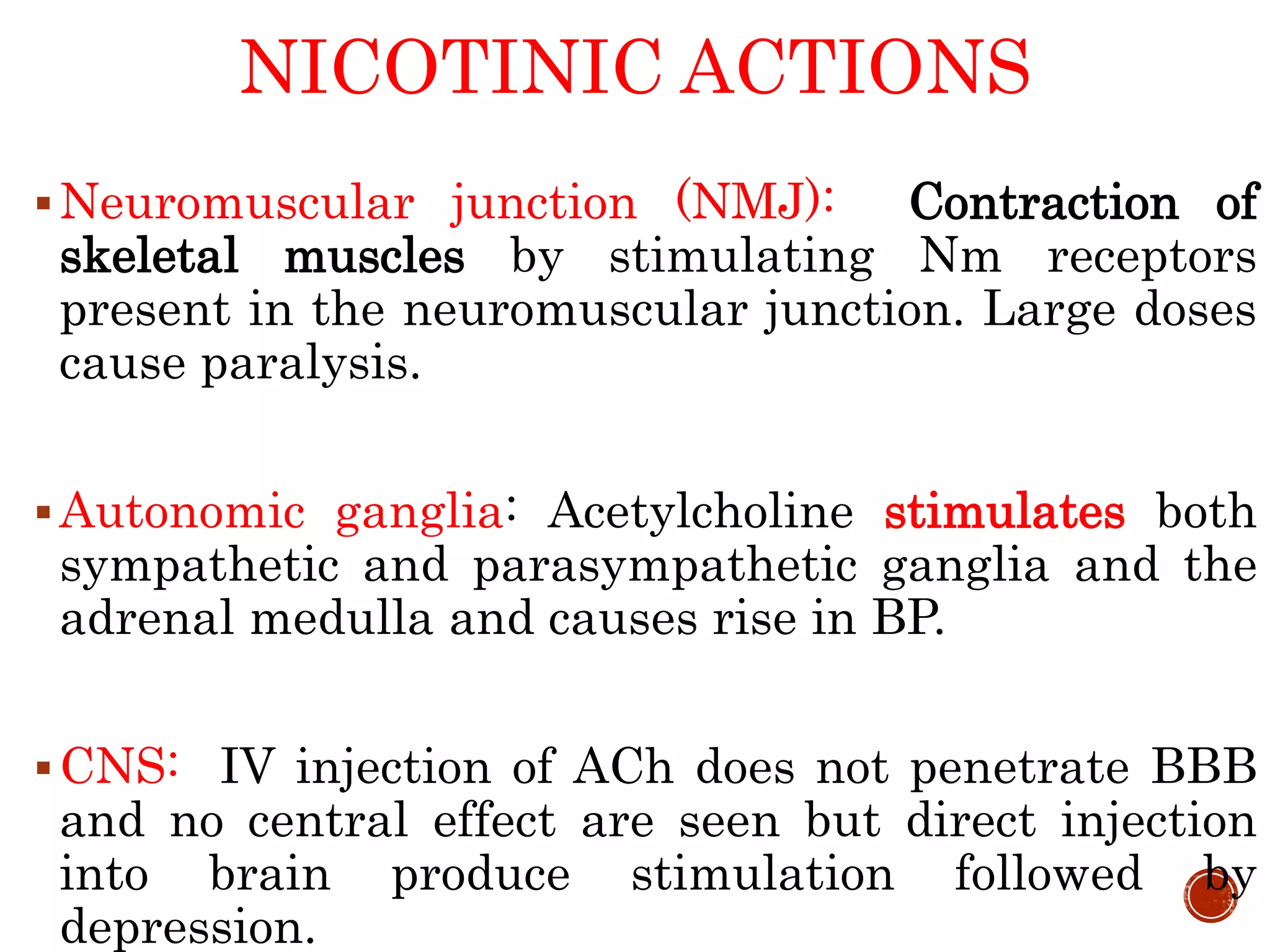 NICOTINIC ACTIONS
Neuromuscular junction (NMJ): Contraction of
skeletal muscles by stimulating Nm receptors
present in the neuromuscular junction. Large doses
cause paralysis.
Autonomic ganglia: Acetylcholine stimulates both
sympathetic and parasympathetic ganglia and the
adrenal medulla and causes rise in BP.
CNS: IV injection of ACh does not penetrate BBB
and no central effect are seen but direct injection
into brain produce stimulation followed by
depression.
 