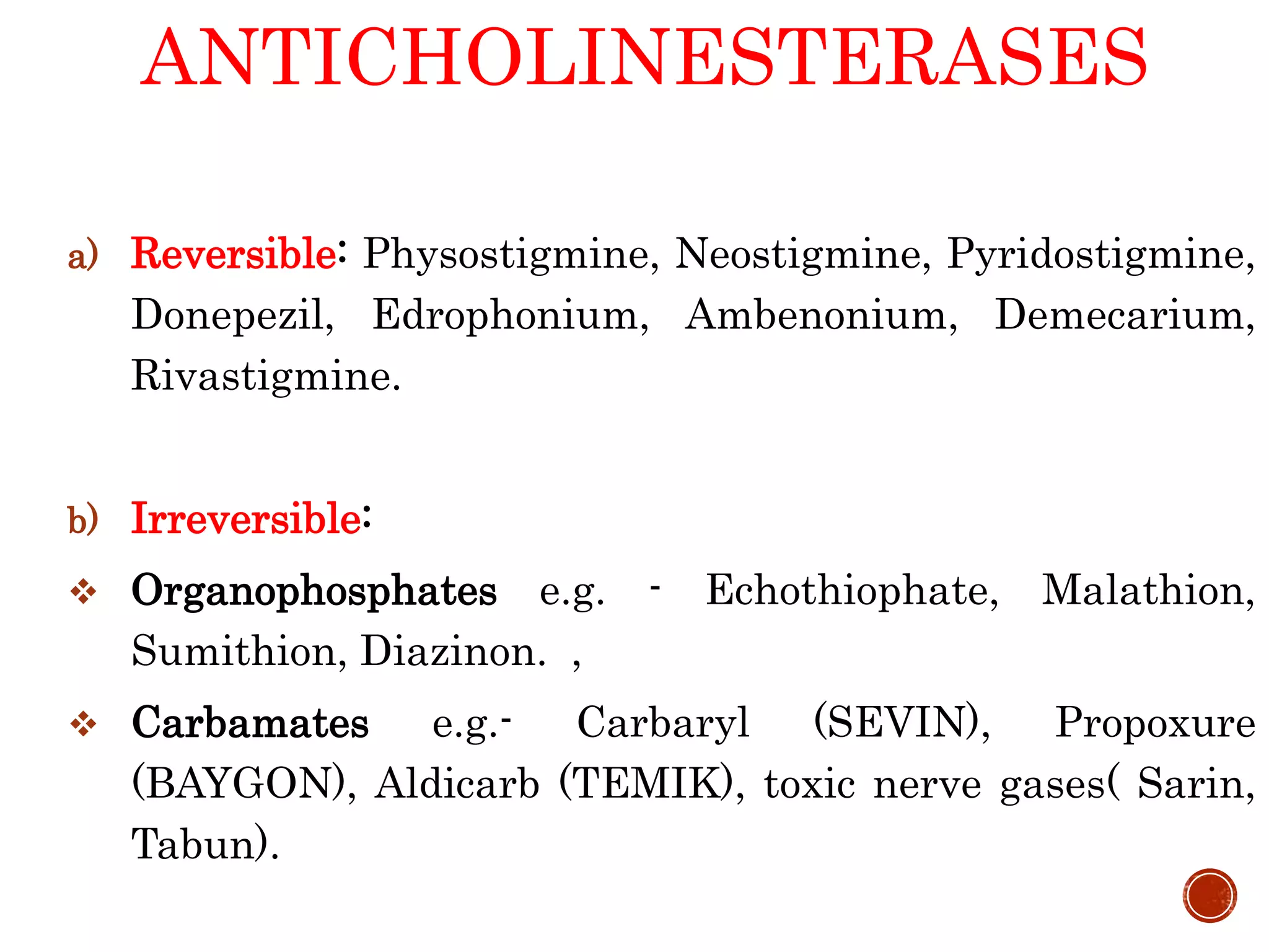 ANTICHOLINESTERASES
a) Reversible: Physostigmine, Neostigmine, Pyridostigmine,
Donepezil, Edrophonium, Ambenonium, Demecarium,
Rivastigmine.
b) Irreversible:
 Organophosphates e.g. - Echothiophate, Malathion,
Sumithion, Diazinon. ,
 Carbamates e.g.- Carbaryl (SEVIN), Propoxure
(BAYGON), Aldicarb (TEMIK), toxic nerve gases( Sarin,
Tabun).
 