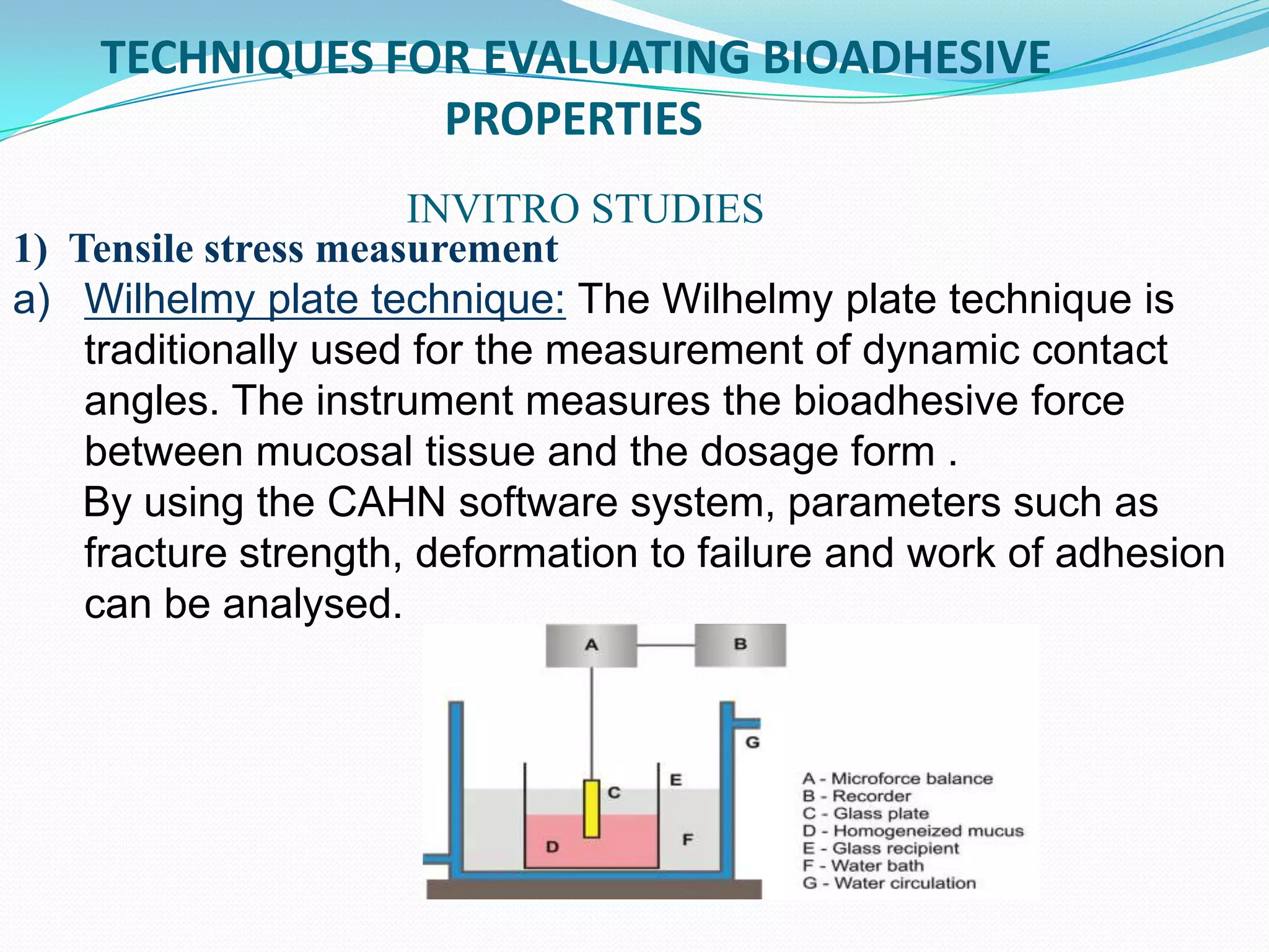 TECHNIQUES FOR EVALUATING BIOADHESIVE
                 PROPERTIES
                      INVITRO STUDIES
1) Tensile stress measurement
a) Wilhelmy plate technique: The Wilhelmy plate technique is
    traditionally used for the measurement of dynamic contact
    angles. The instrument measures the bioadhesive force
    between mucosal tissue and the dosage form .
    By using the CAHN software system, parameters such as
    fracture strength, deformation to failure and work of adhesion
    can be analysed.
 