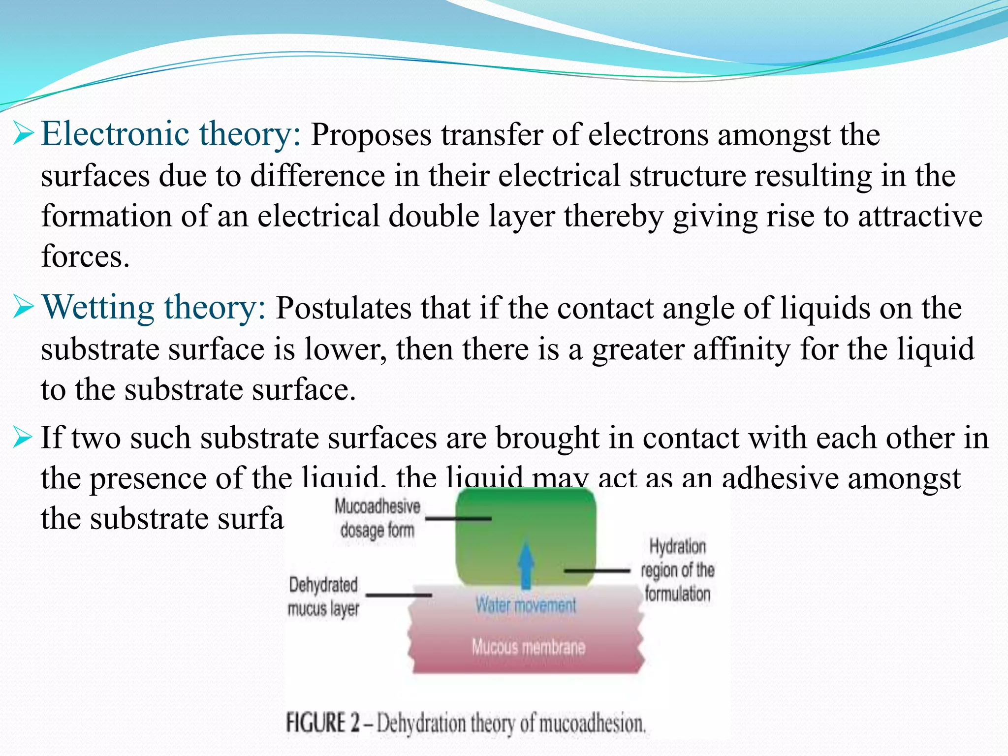  Electronic theory: Proposes transfer of electrons amongst the
  surfaces due to difference in their electrical structure resulting in the
  formation of an electrical double layer thereby giving rise to attractive
  forces.
 Wetting theory: Postulates that if the contact angle of liquids on the
  substrate surface is lower, then there is a greater affinity for the liquid
  to the substrate surface.
 If two such substrate surfaces are brought in contact with each other in
  the presence of the liquid, the liquid may act as an adhesive amongst
  the substrate surfaces.
 