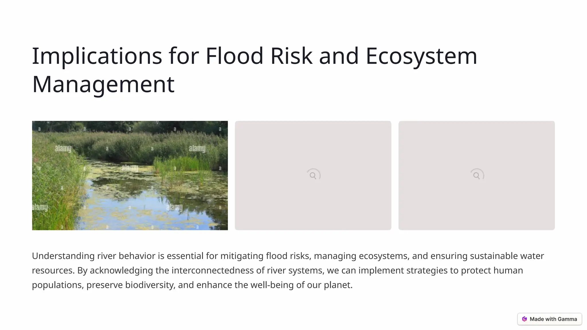 Implications for Flood Risk and Ecosystem
Management
Understanding river behavior is essential for mitigating flood risks, managing ecosystems, and ensuring sustainable water
resources. By acknowledging the interconnectedness of river systems, we can implement strategies to protect human
populations, preserve biodiversity, and enhance the well-being of our planet.
 