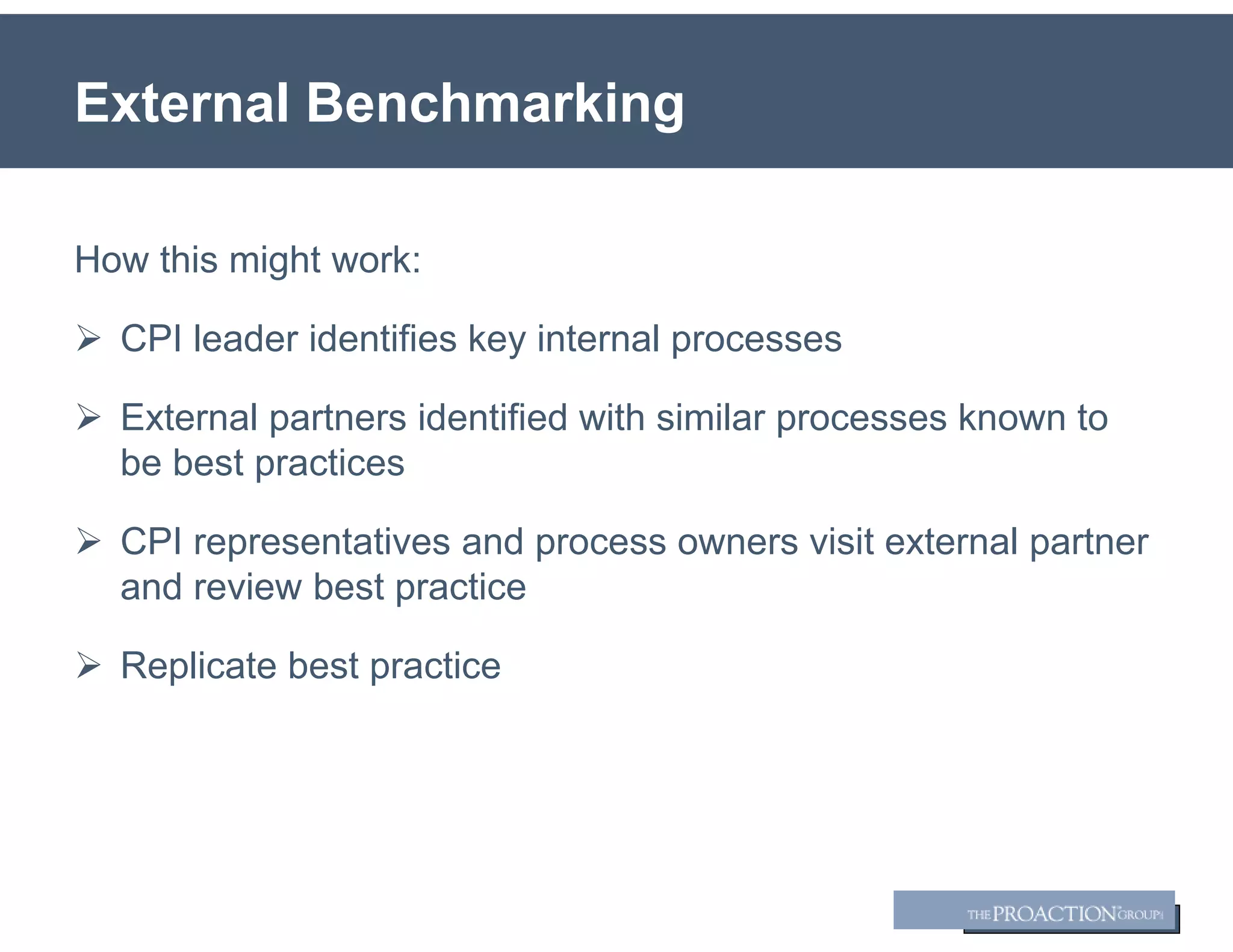 External Benchmarking
How this might work:
¾ CPI leader identifies key internal processes
¾ External partners identified with similar processes known to
be best practices
¾ CPI representatives and process owners visit external partner
and review best practice
¾ Replicate best practice
 