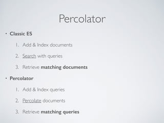 Percolator
• Classic ES 	

1. Add & Index documents	

2. Search with queries
3. Retrieve matching documents	

• Percolator
1. Add & Index queries	

2. Percolate documents
3. Retrieve matching queries
 
