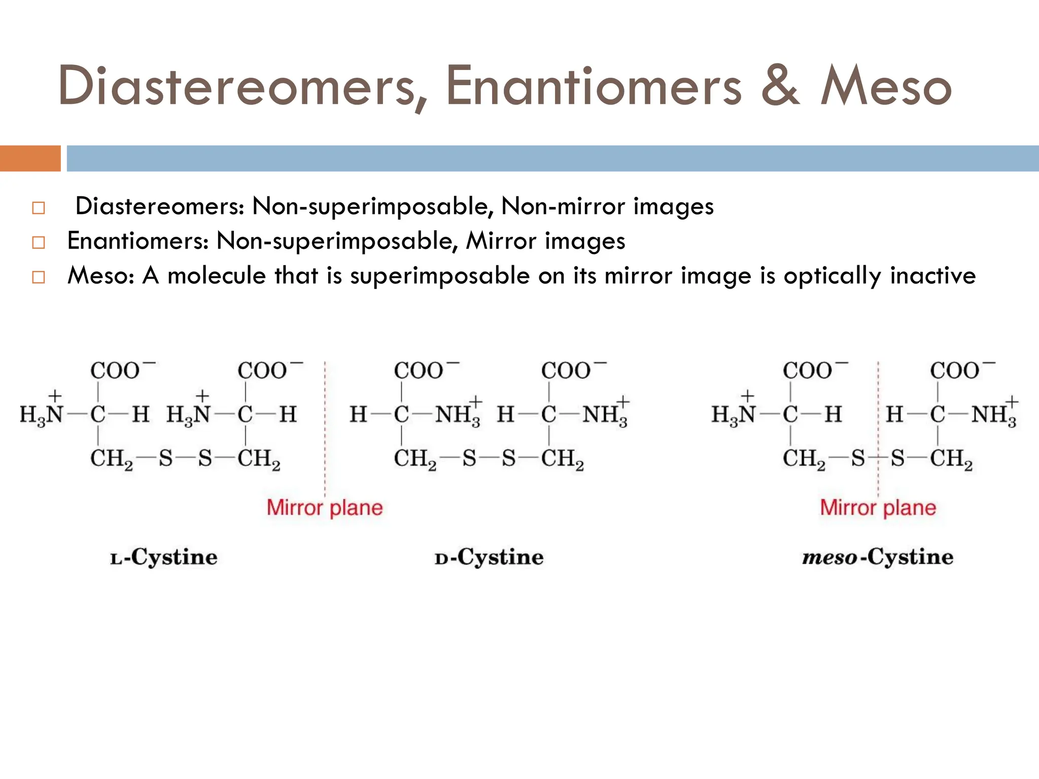 Diastereomers, Enantiomers & Meso
 Diastereomers: Non-superimposable, Non-mirror images
 Enantiomers: Non-superimposable, Mirror images
 Meso: A molecule that is superimposable on its mirror image is optically inactive
 