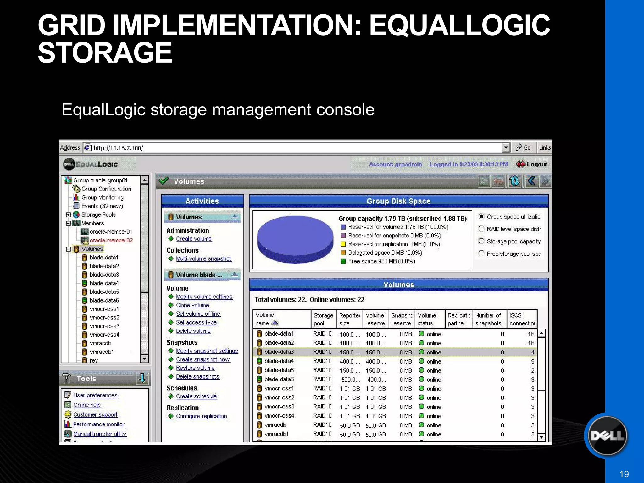 GRID IMPLEMENTATION: EQUALLOGIC
STORAGE
 EqualLogic storage management console




                                         19
 