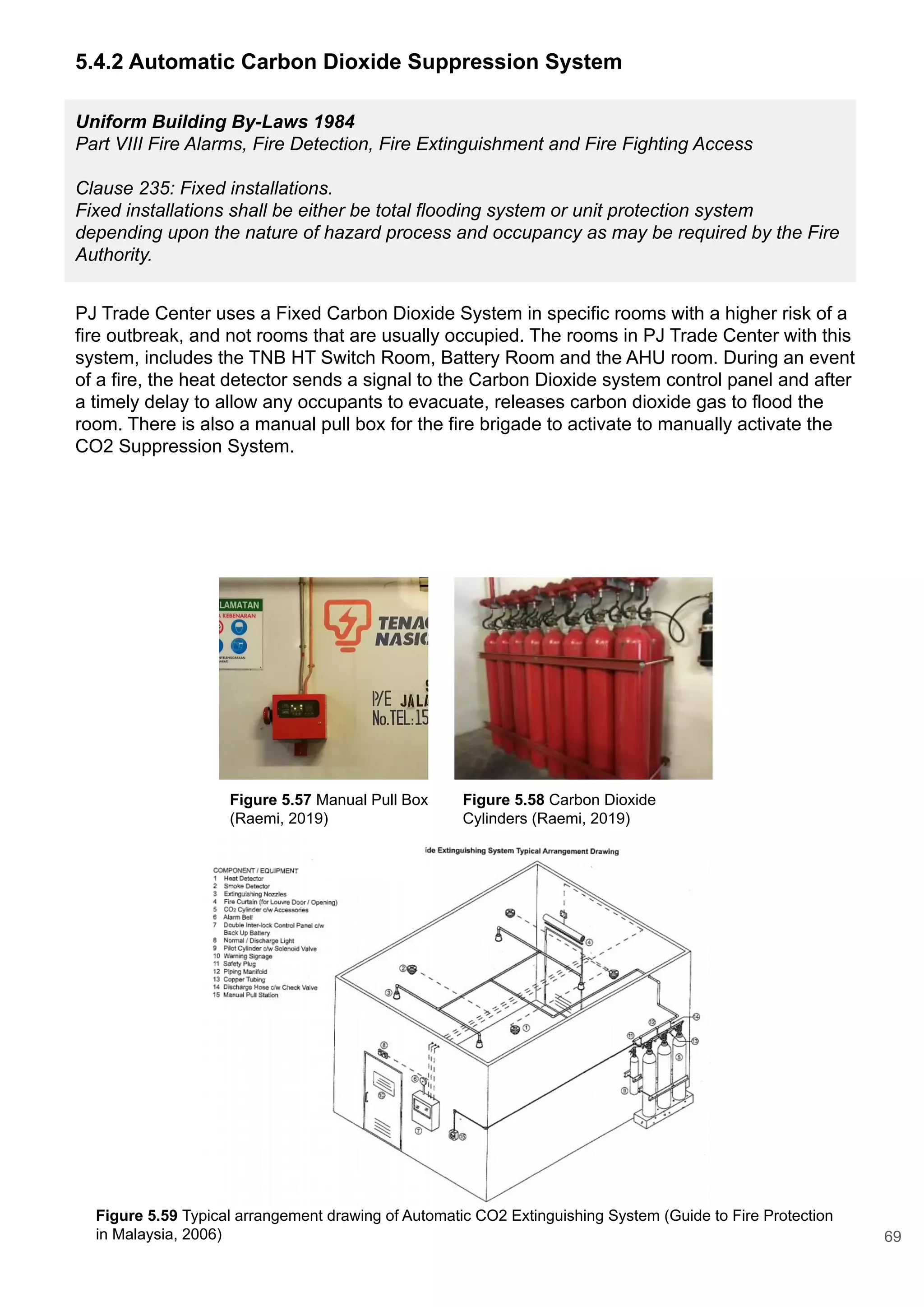 Figure 5.59 Typical arrangement drawing of Automatic CO2 Extinguishing System (Guide to Fire Protection
in Malaysia, 2006)
5.4.2 Automatic Carbon Dioxide Suppression System
Uniform Building By-Laws 1984
Part VIII Fire Alarms, Fire Detection, Fire Extinguishment and Fire Fighting Access
Clause 235: Fixed installations.
Fixed installations shall be either be total flooding system or unit protection system
depending upon the nature of hazard process and occupancy as may be required by the Fire
Authority.
PJ Trade Center uses a Fixed Carbon Dioxide System in specific rooms with a higher risk of a
fire outbreak, and not rooms that are usually occupied. The rooms in PJ Trade Center with this
system, includes the TNB HT Switch Room, Battery Room and the AHU room. During an event
of a fire, the heat detector sends a signal to the Carbon Dioxide system control panel and after
a timely delay to allow any occupants to evacuate, releases carbon dioxide gas to flood the
room. There is also a manual pull box for the fire brigade to activate to manually activate the
CO2 Suppression System.
Figure 5.58 Carbon Dioxide
Cylinders (Raemi, 2019)
Figure 5.57 Manual Pull Box
(Raemi, 2019)
69
 