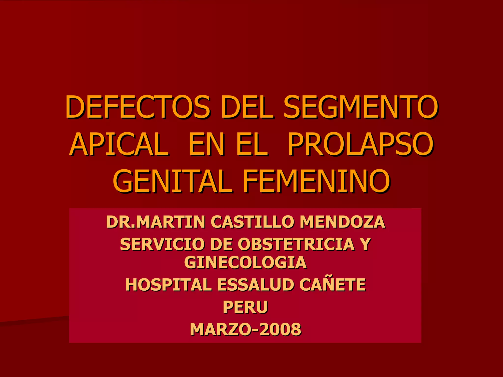 DEFECTOS DEL SEGMENTO APICAL  EN EL  PROLAPSO GENITAL FEMENINO DR.MARTIN CASTILLO MENDOZA SERVICIO DE OBSTETRICIA Y GINECOLOGIA HOSPITAL ESSALUD CAÑETE PERU MARZO-2008 