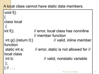 3/11/2016 41
A local class cannot have static data members.
void f()
{
class local
{
int f(); // error, local class has noninline
// member function
int g() {return 0;} // valid, inline member
function
static int a; // error, static is not allowed for //
local class
int b; // valid, nonstatic variable
};
} // . . .
By:-Gourav Kottawar
 