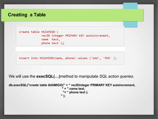 Creating a Table
We will use the execSQL(…)method to manipulate SQL action queries.
db.execSQL("create table tblAMIGO(" + " recIDinteger PRIMARY KEY autoincrement,
" + " name text,
"+ " phone text );
" );
 