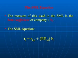 The SML Equation
• The measure of risk used in the SML is the
beta coefficient of company i, bi.
• The SML equation:
ri = rRF + (RPM) bi
 