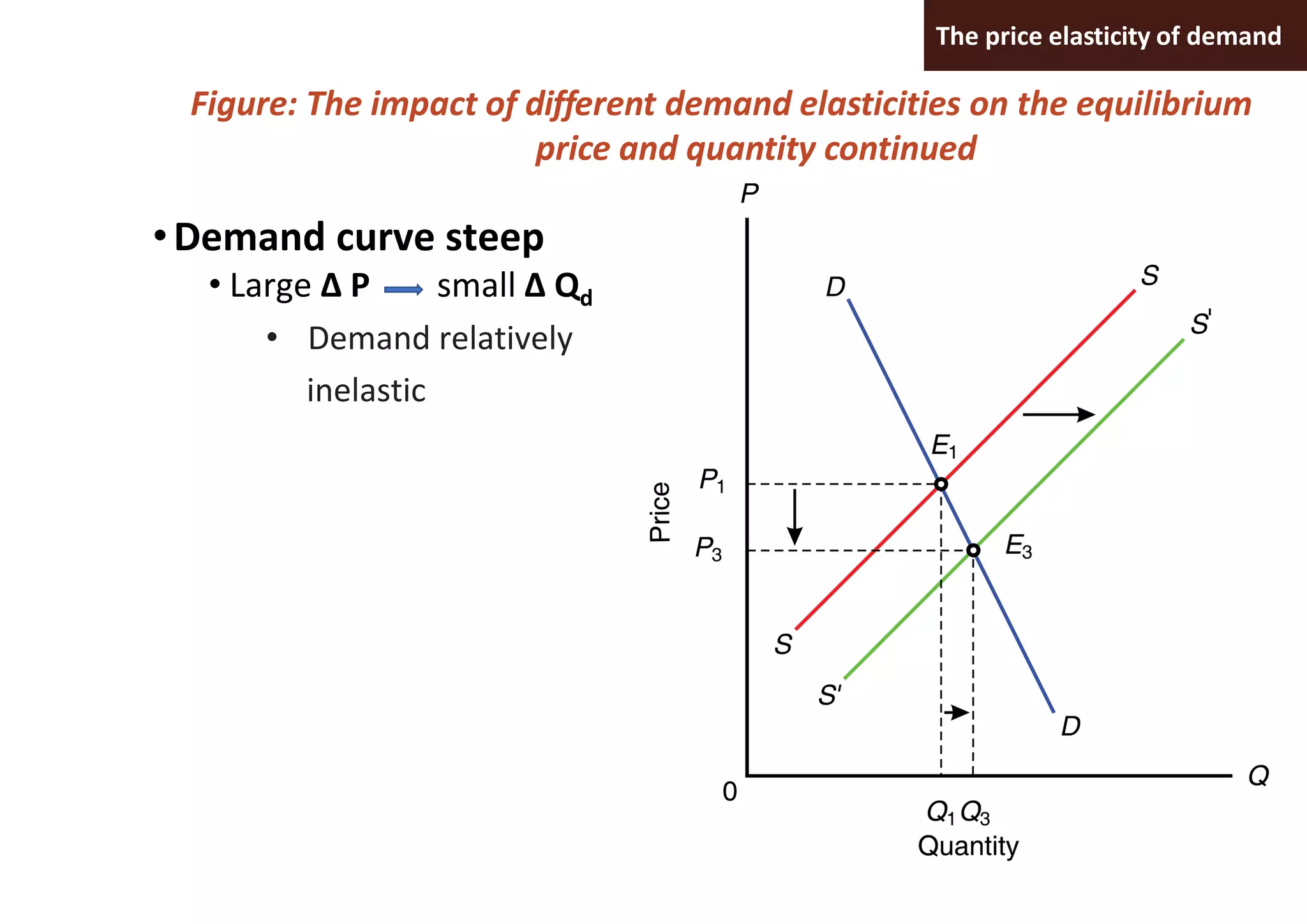 The price elasticity of demand
Figure: The impact of different demand elasticities on the equilibrium
price and quantity continued
•Demand curve steep
• Large Δ P small Δ Qd
• Demand relatively
inelastic
 