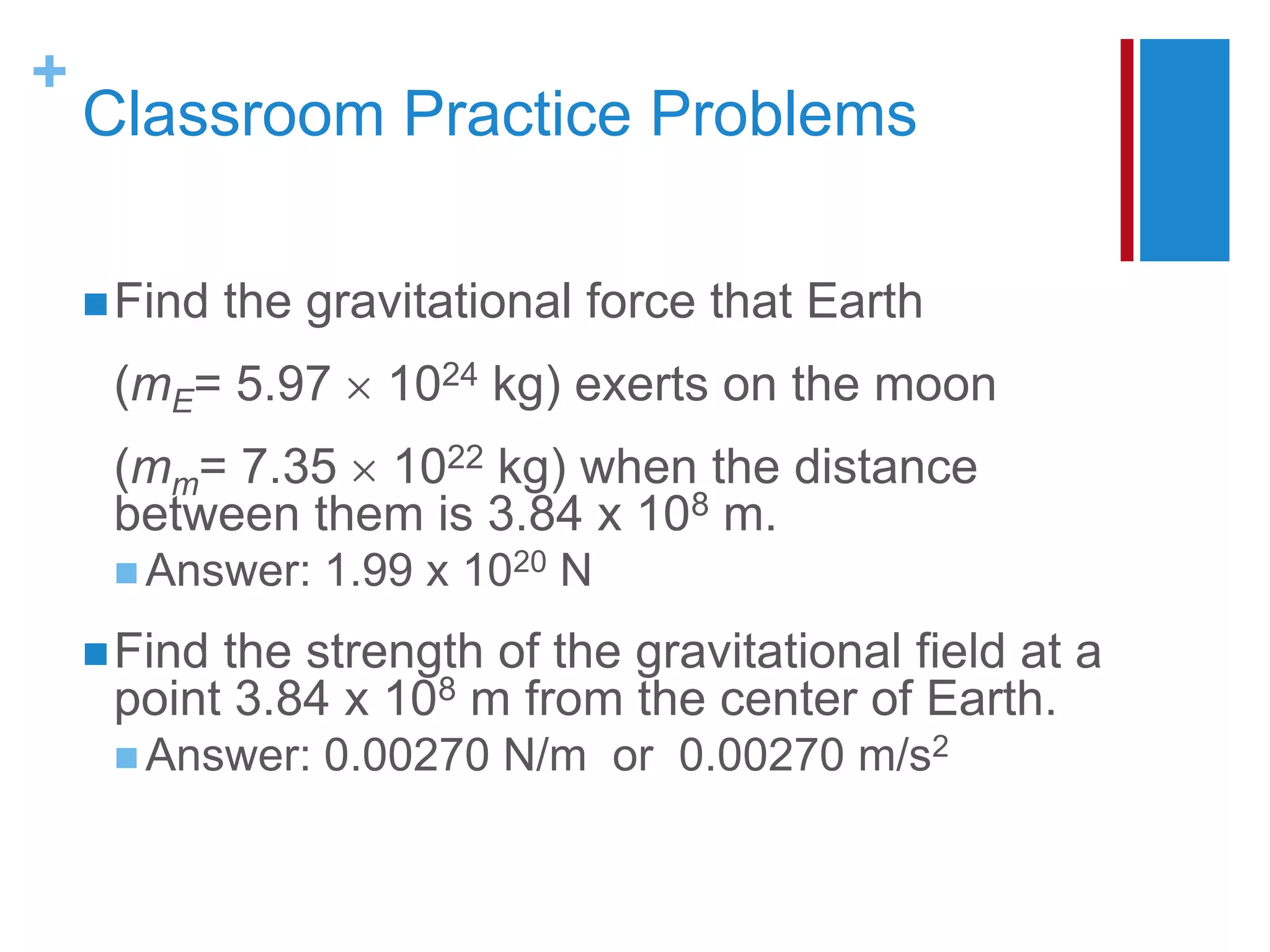 +
    Classroom Practice Problems

     Find   the gravitational force that Earth
     (mE= 5.97      1024 kg) exerts on the moon
     (mm= 7.35 1022 kg) when the distance
     between them is 3.84 x 108 m.
      Answer:   1.99 x 1020 N
     Findthe strength of the gravitational field at a
     point 3.84 x 108 m from the center of Earth.
      Answer:   0.00270 N/m or 0.00270 m/s2
 