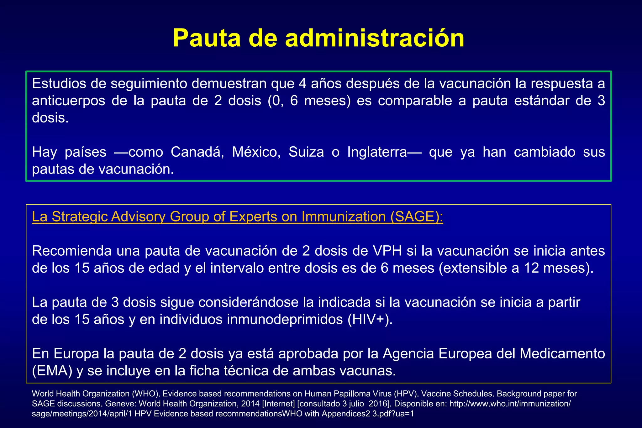 Pauta de administración
Estudios de seguimiento demuestran que 4 años después de la vacunación la respuesta a
anticuerpos de la pauta de 2 dosis (0, 6 meses) es comparable a pauta estándar de 3
dosis.
Hay países —como Canadá, México, Suiza o Inglaterra— que ya han cambiado sus
pautas de vacunación.
La Strategic Advisory Group of Experts on Immunization (SAGE):
Recomienda una pauta de vacunación de 2 dosis de VPH si la vacunación se inicia antes
de los 15 años de edad y el intervalo entre dosis es de 6 meses (extensible a 12 meses).
La pauta de 3 dosis sigue considerándose la indicada si la vacunación se inicia a partir
de los 15 años y en individuos inmunodeprimidos (HIV+).
En Europa la pauta de 2 dosis ya está aprobada por la Agencia Europea del Medicamento
(EMA) y se incluye en la ficha técnica de ambas vacunas.
World Health Organization (WHO). Evidence based recommendations on Human Papilloma Virus (HPV). Vaccine Schedules. Background paper for
SAGE discussions. Geneve: World Health Organization, 2014 [Internet] [consultado 3 julio 2016]. Disponible en: http://www.who.int/immunization/
sage/meetings/2014/april/1 HPV Evidence based recommendationsWHO with Appendices2 3.pdf?ua=1
 