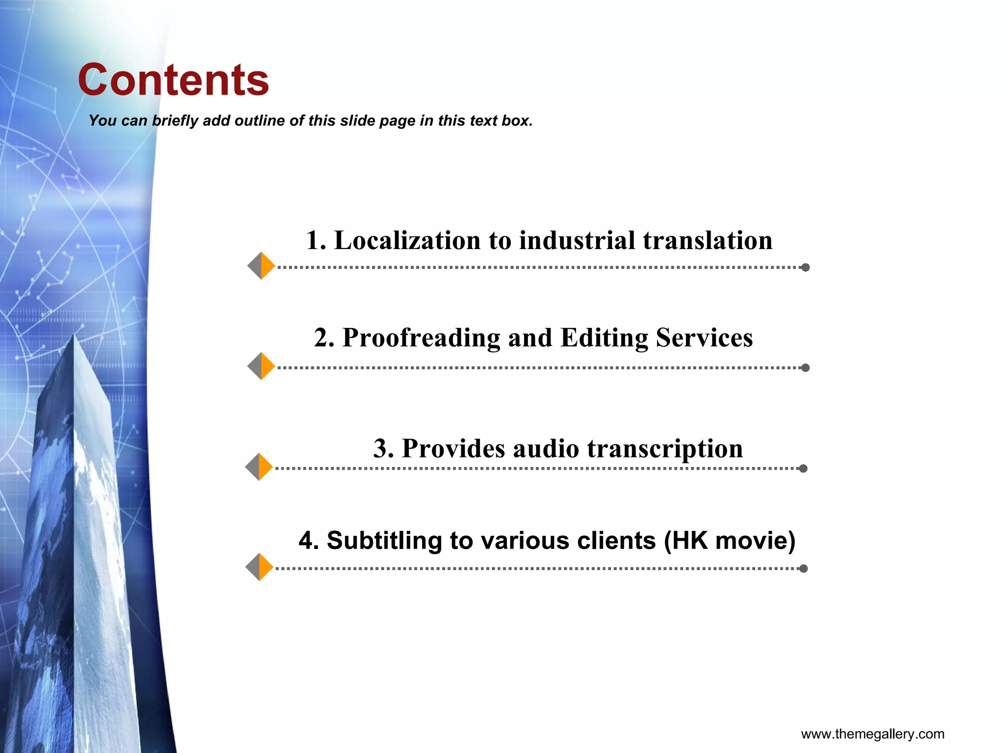 Contents You can briefly add outline of this slide page in this text box. 1.  Localization to industrial translation  2.  Proofreading and Editing Services  4.  Subtitling to various clients (HK movie) 3.  Provides audio transcription   