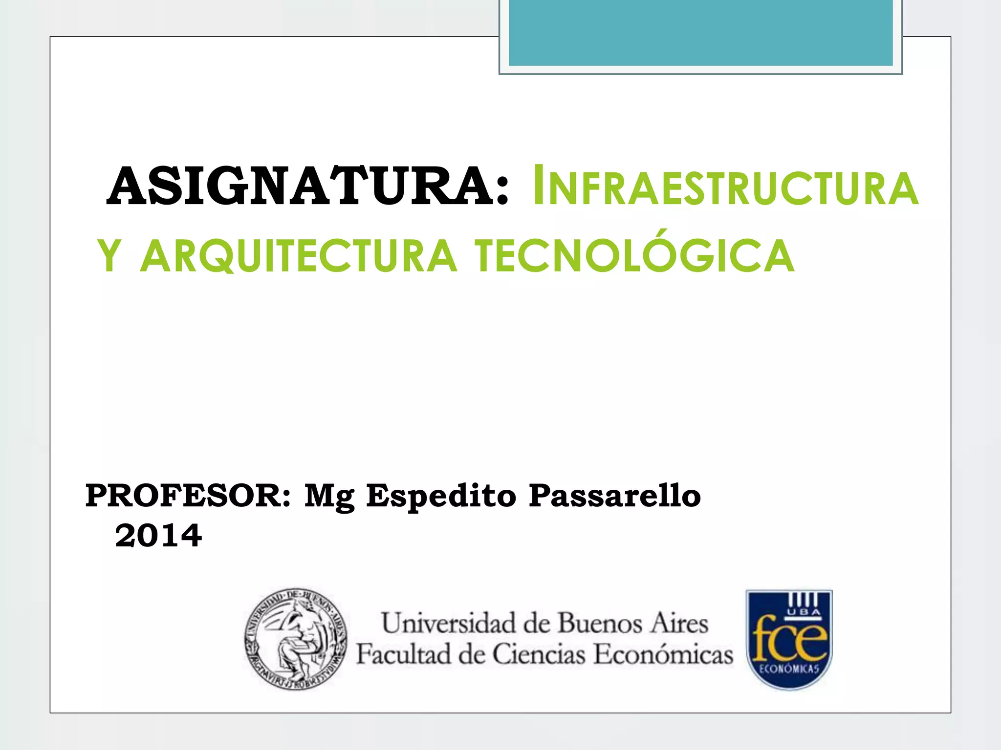 PROFESOR: Mg Espedito Passarello
2014
ASIGNATURA: INFRAESTRUCTURA
Y ARQUITECTURA TECNOLÓGICA
 