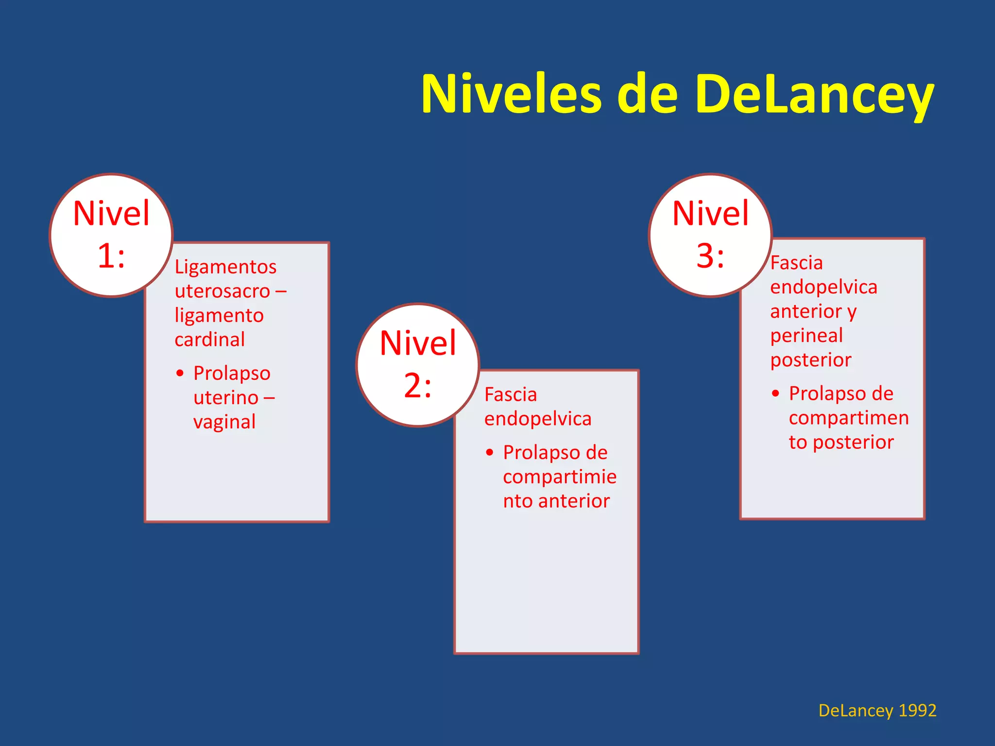 Niveles de DeLancey
Nivel
1:

Ligamentos
uterosacro –
ligamento
cardinal

• Prolapso
uterino –
vaginal

Nivel
3:
Nivel
2:

Fascia
endopelvica
• Prolapso de
compartimie
nto anterior

Fascia
endopelvica
anterior y
perineal
posterior
• Prolapso de
compartimen
to posterior

DeLancey 1992

 