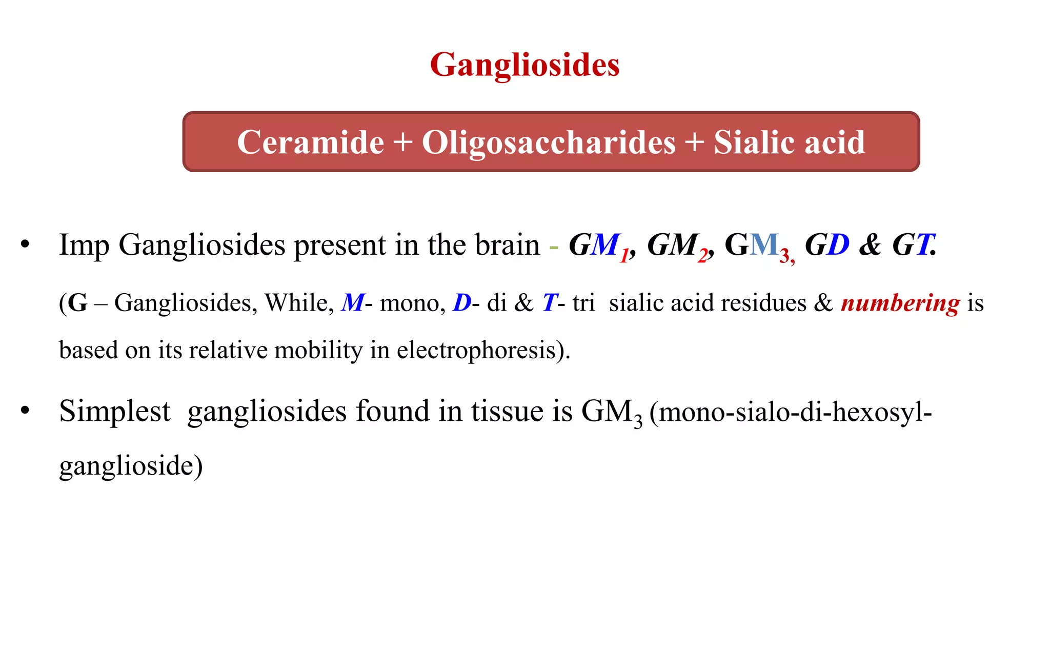 Gangliosides
• Imp Gangliosides present in the brain - GM1, GM2, GM3, GD & GT.
(G – Gangliosides, While, M- mono, D- di & T- tri sialic acid residues & numbering is
based on its relative mobility in electrophoresis).
• Simplest gangliosides found in tissue is GM3 (mono-sialo-di-hexosyl-
ganglioside)
Ceramide + Oligosaccharides + Sialic acid
 