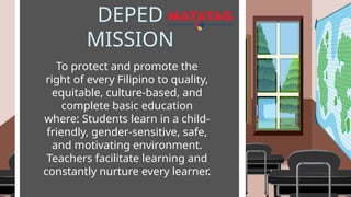 DEPED
MISSION
To protect and promote the
right of every Filipino to quality,
equitable, culture-based, and
complete basic education
where: Students learn in a child-
friendly, gender-sensitive, safe,
and motivating environment.
Teachers facilitate learning and
constantly nurture every learner.
 