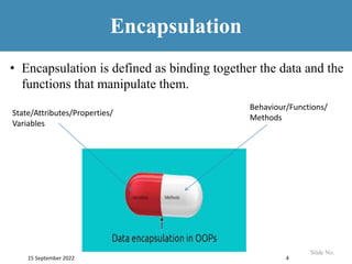• Encapsulation is defined as binding together the data and the
functions that manipulate them.
Encapsulation
Slide No.
15 September 2022 4
State/Attributes/Properties/
Variables
Behaviour/Functions/
Methods
 