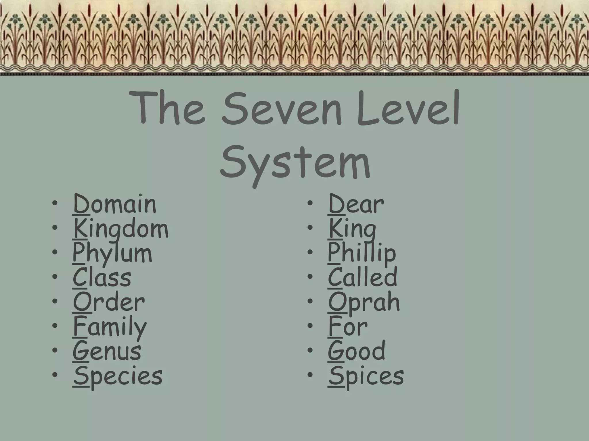 •
•
•
•
•
•
•
•

The Seven Level
System

Domain
Kingdom
Phylum
Class
Order
Family
Genus
Species

•
•
•
•
•
•
•
•

Dear
King
Phillip
Called
Oprah
For
Good
Spices

 