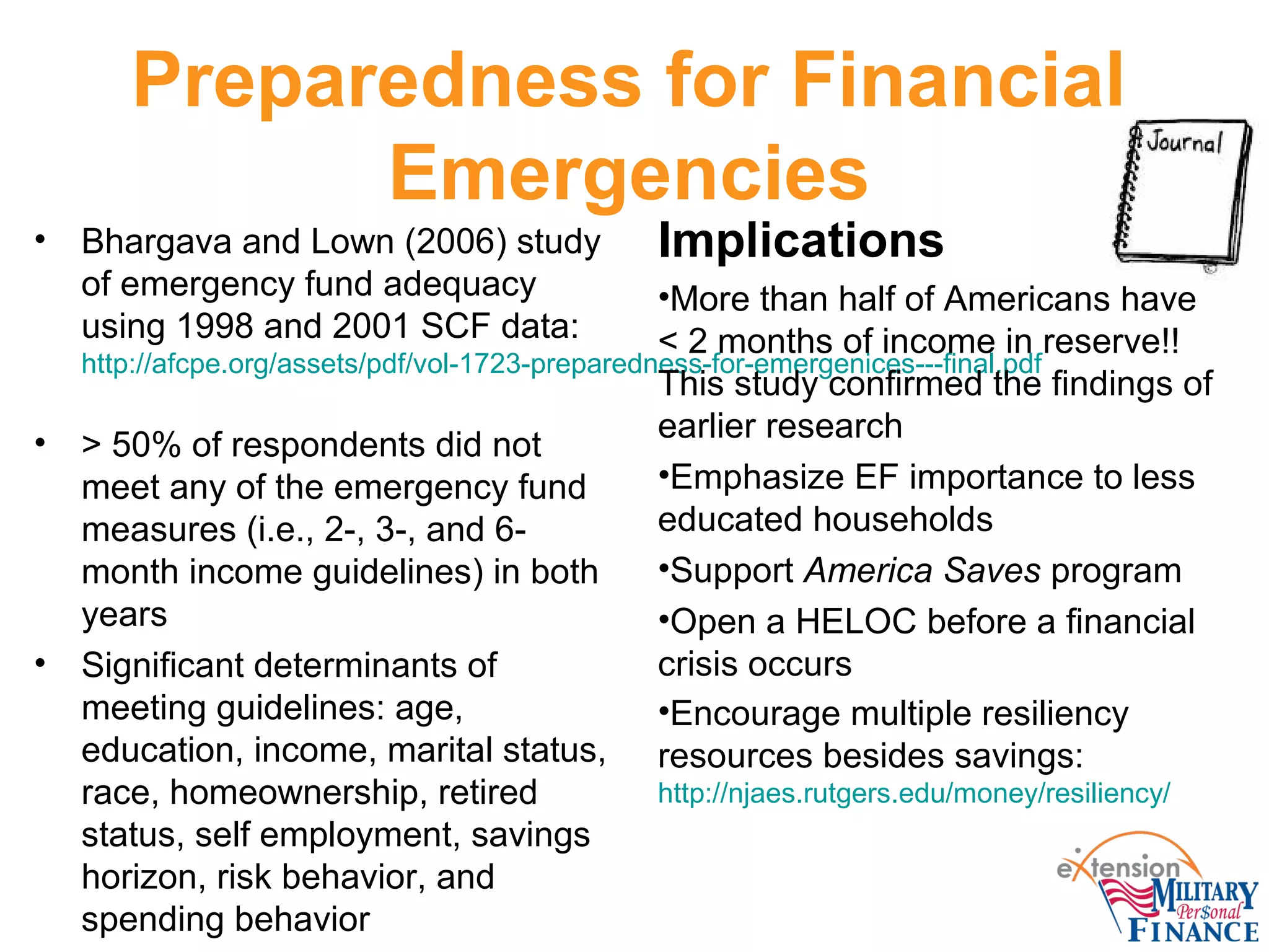 Preparedness for Financial
Emergencies
• Bhargava and Lown (2006) study
of emergency fund adequacy
using 1998 and 2001 SCF data:
http://afcpe.org/assets/pdf/vol-1723-preparedness-for-emergenices---final.pdf
• > 50% of respondents did not
meet any of the emergency fund
measures (i.e., 2-, 3-, and 6-
month income guidelines) in both
years
• Significant determinants of
meeting guidelines: age,
education, income, marital status,
race, homeownership, retired
status, self employment, savings
horizon, risk behavior, and
spending behavior
Implications
•More than half of Americans have
< 2 months of income in reserve!!
This study confirmed the findings of
earlier research
•Emphasize EF importance to less
educated households
•Support America Saves program
•Open a HELOC before a financial
crisis occurs
•Encourage multiple resiliency
resources besides savings:
http://njaes.rutgers.edu/money/resiliency/
 